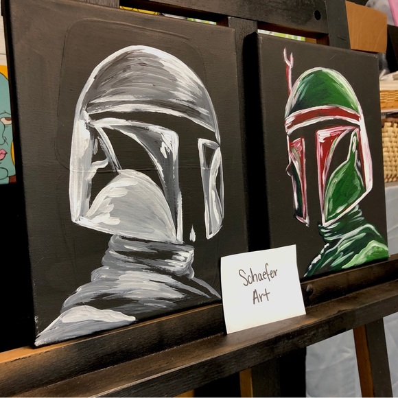 2 Piece SET Mandalorian and Boba Fett Painting - Fun Art - Wall Decor - Picture 3 of 3